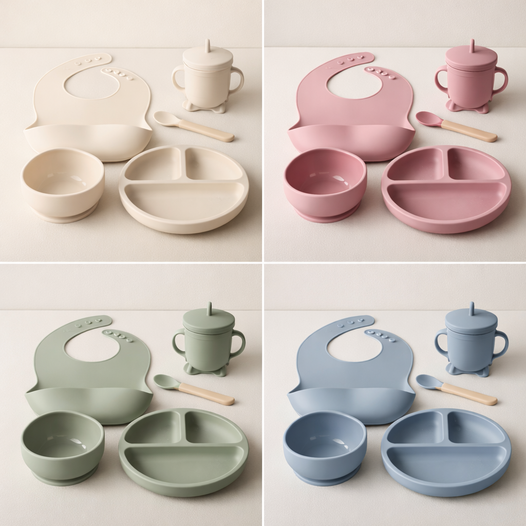 Set Repas Bébé en Silicone 6 Pièces – Assiette, Bol, Bavoir & Couverts