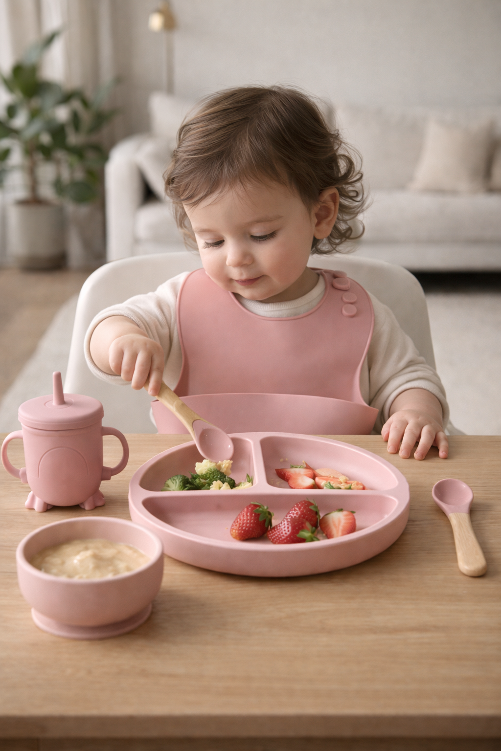 Set Repas Bébé en Silicone 6 Pièces – Assiette, Bol, Bavoir & Couverts