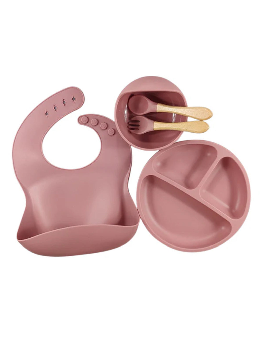 Set Repas Bébé en Silicone 6 Pièces – Assiette, Bol, Bavoir & Couverts